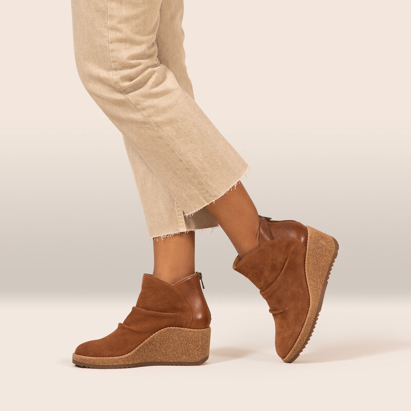 cognac wedge ankle boot on foot